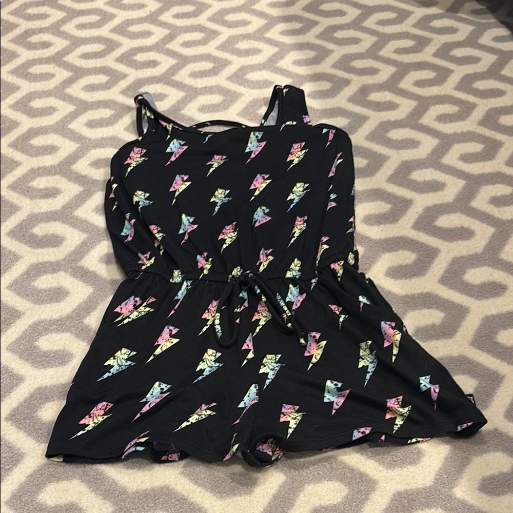 Black Romper with Colorful Lightning Bolt Pattern